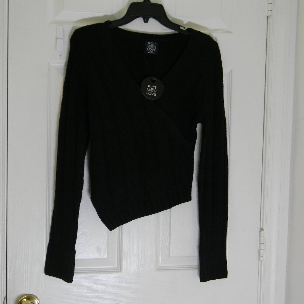 FCT with LOVE Women's Asymmetric Faux Wrap Sweater Black Size L NWT